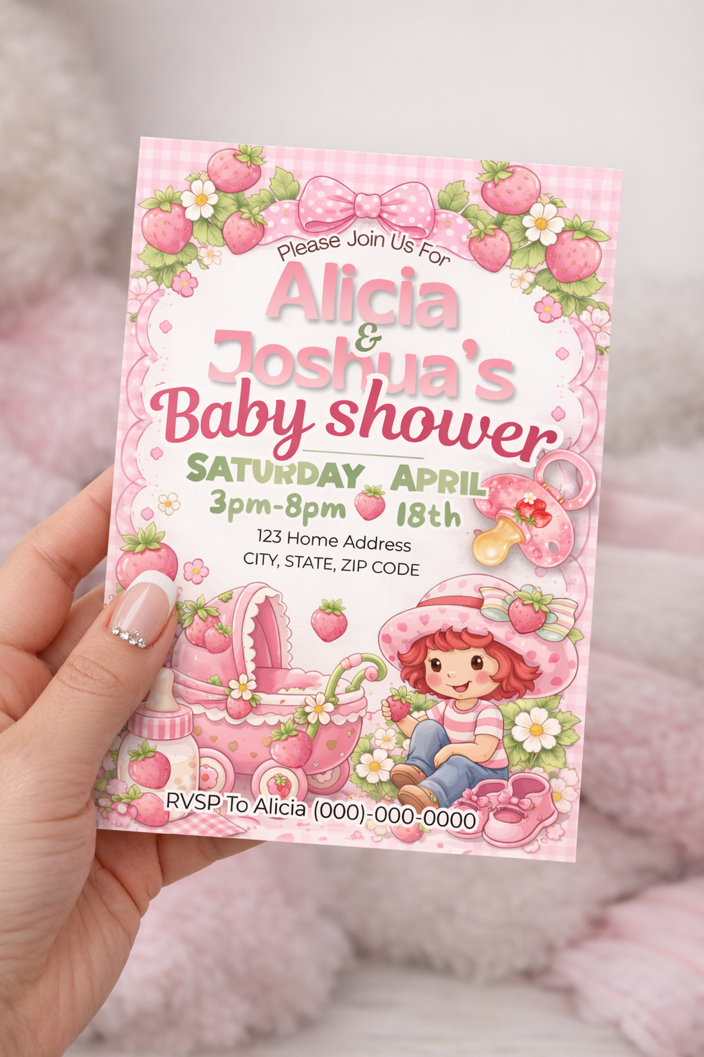 Strawberry Shortcake Baby Shower Invitation, Digital Invite, Canva Editable (Digital Download)