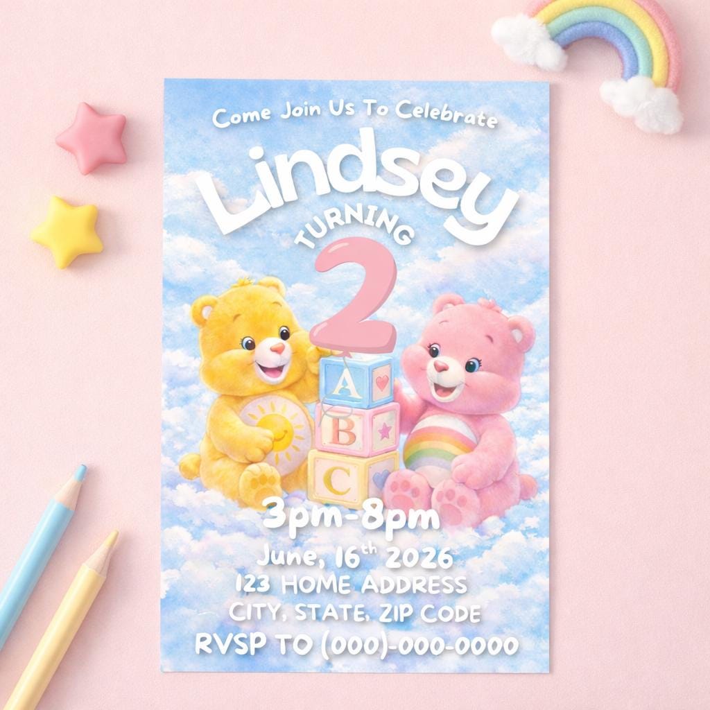 Care Bears Digital Birthday Invitation, Printable Editable Party Invite, Canva Template