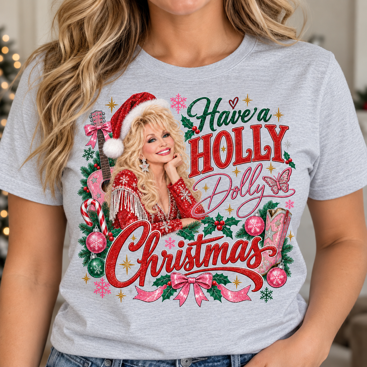 Have a Holly Dolly, Dolly Parton Women's Christmas Tee, Country Music Holiday Shirt, Western Cowgirl Graphic Tee