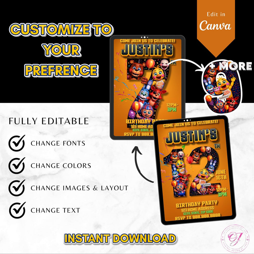 Five Nights at Freddy's Birthday Digital Invitation, Editable Kids Party Invite, Canva