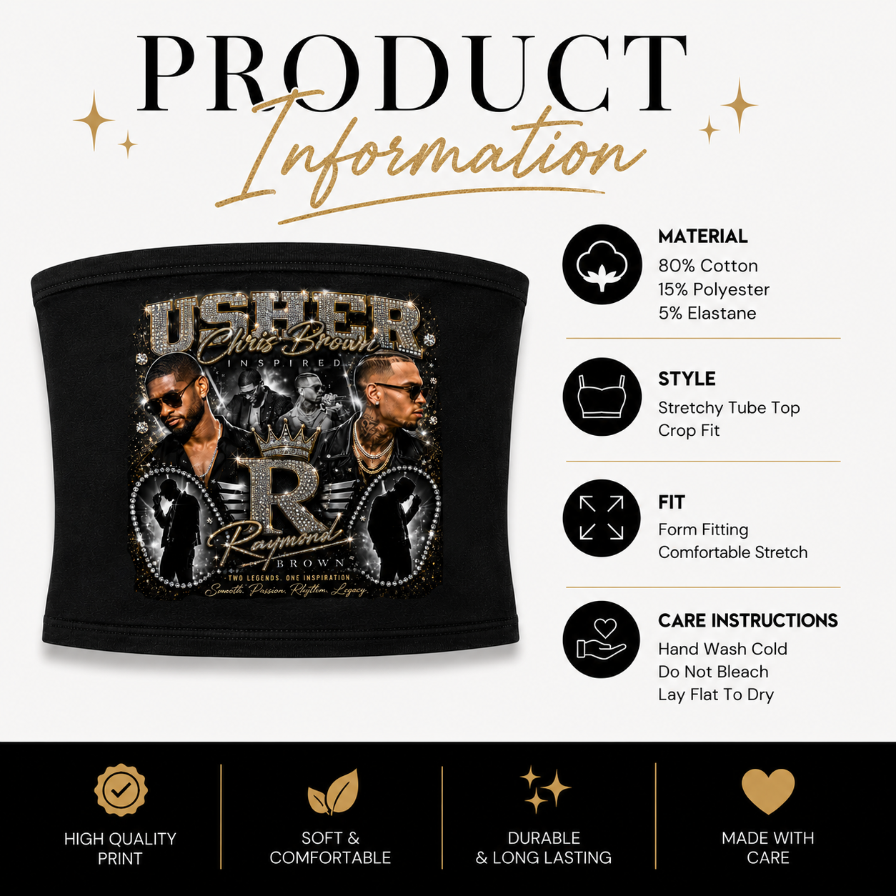 Usher Chris Brown Raymond x Brown Tour Tube Top, R&B Concert Outfit, Rhinestone Graphic Strapless Top