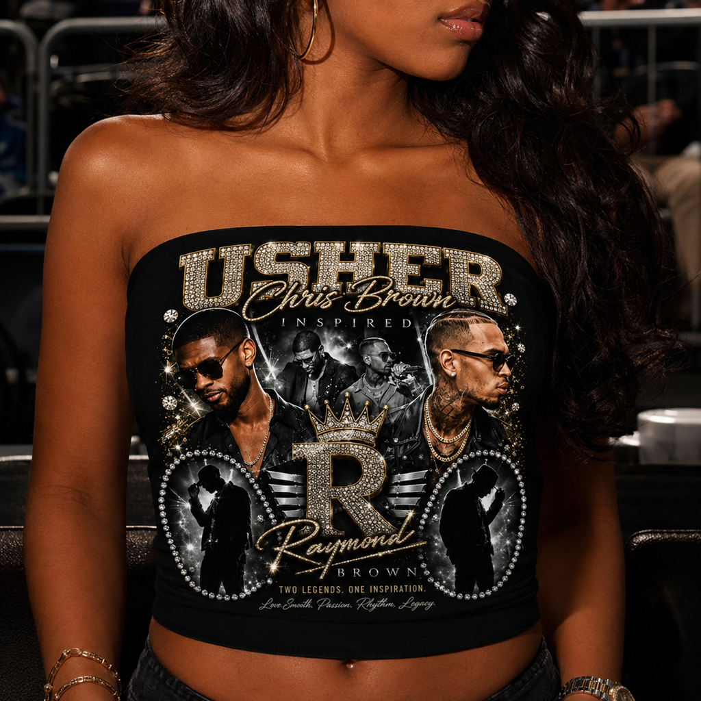 Usher Chris Brown Raymond x Brown Tour Tube Top, R&B Concert Outfit, Rhinestone Graphic Strapless Top