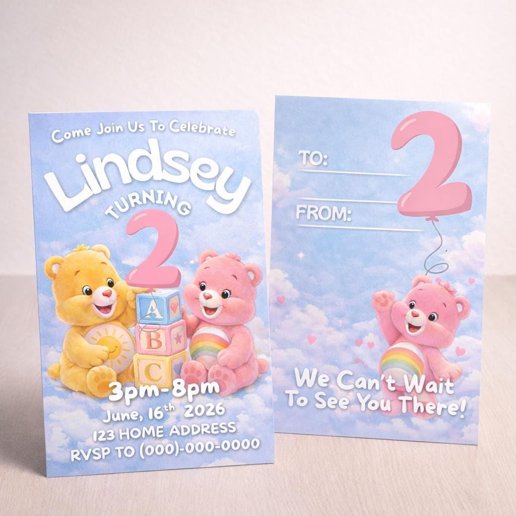 Care Bears Digital Birthday Invitation, Printable Editable Party Invite, Canva Template