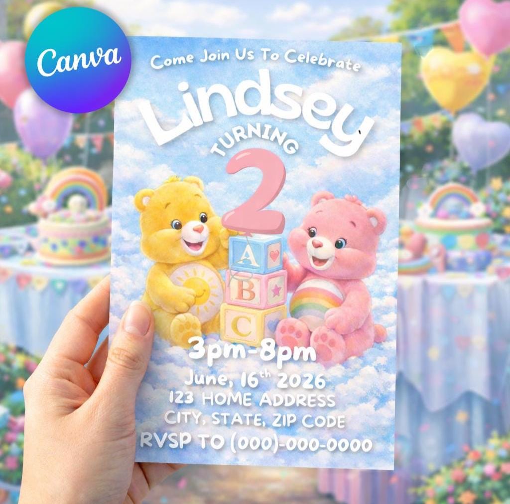 Care Bears Digital Birthday Invitation, Printable Editable Party Invite, Canva Template