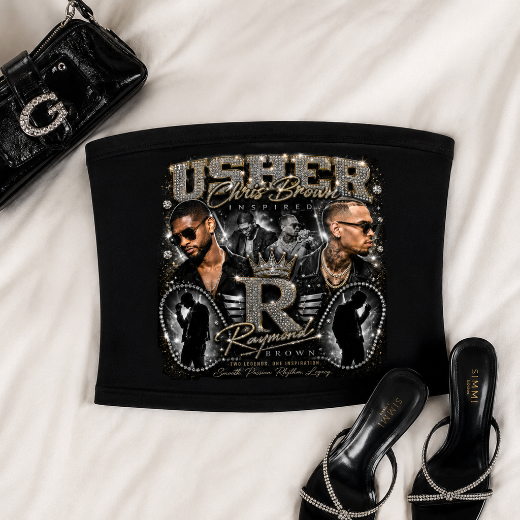Usher Chris Brown Raymond x Brown Tour Tube Top, R&B Concert Outfit, Rhinestone Graphic Strapless Top