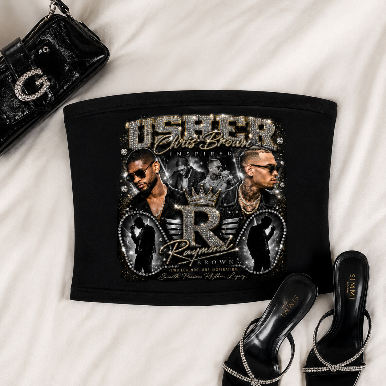 Usher Chris Brown Raymond x Brown Tour Tube Top, R&B Concert Outfit, Rhinestone Graphic Strapless Top
