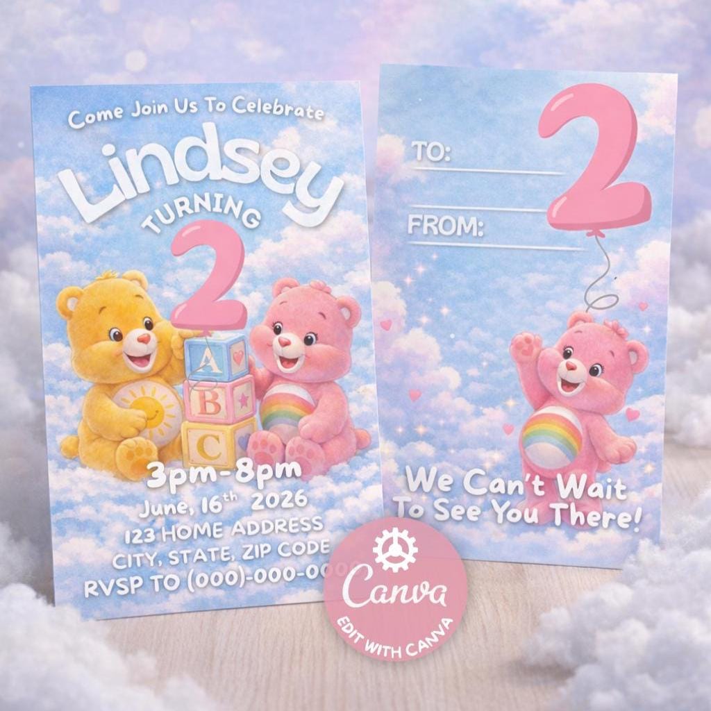 Care Bears Digital Birthday Invitation, Printable Editable Party Invite, Canva Template