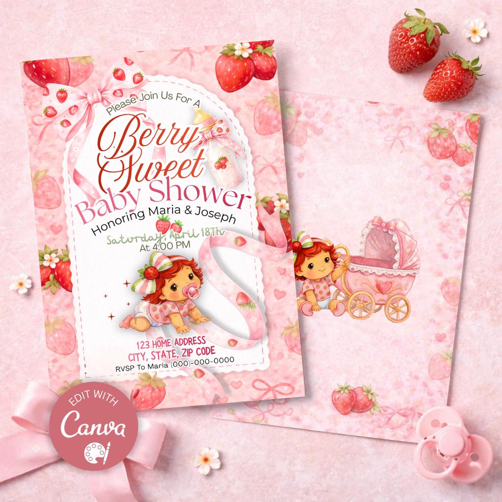 Berry Sweet Baby Shower Invitation, Strawberry Shortcake Baby Girl Digital Invite (Canva Editable)