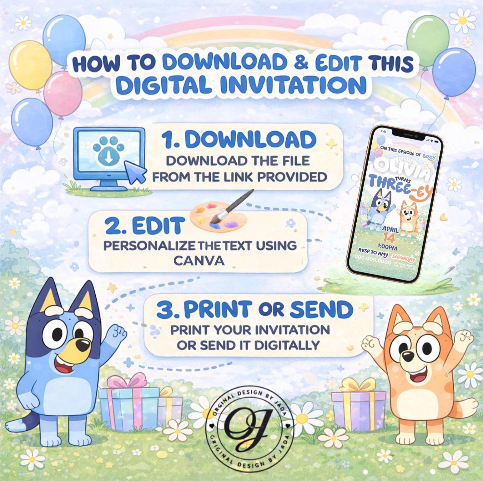 Bluey Birthday Invitation, Editable Kids Party Template (Canva, Digital Download)