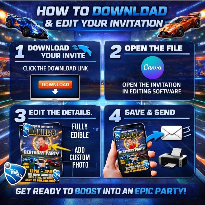 Rocket League Birthday Invitation, Editable Canva Racing Game Template (Digital Download)