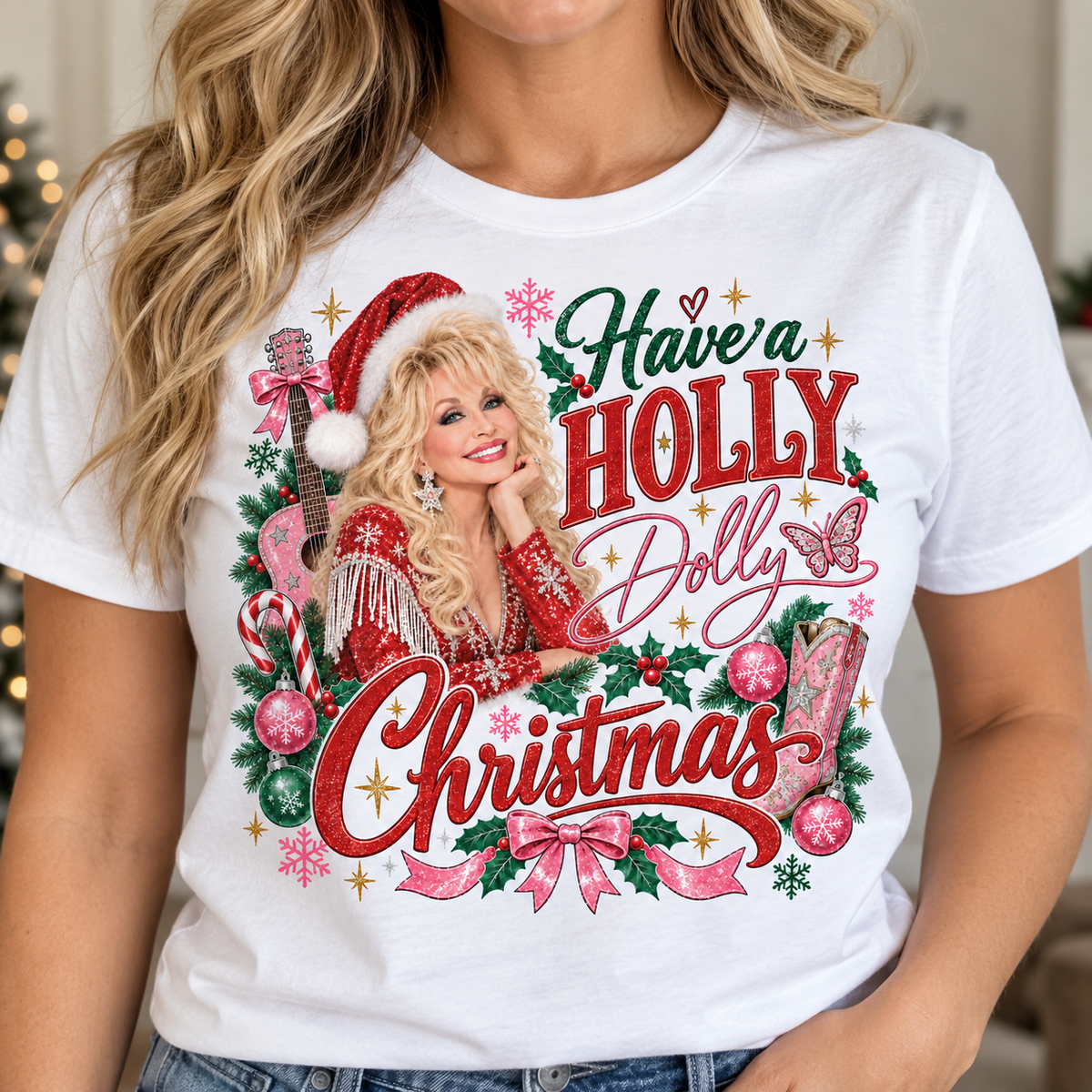Have a Holly Dolly, Dolly Parton Women's Christmas Tee, Country Music Holiday Shirt, Western Cowgirl Graphic Tee