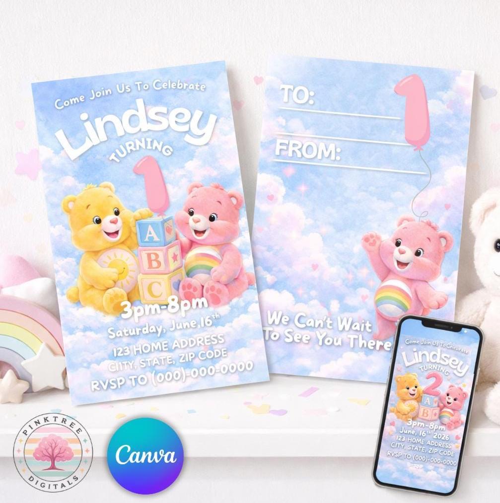 Care Bears Digital Birthday Invitation, Printable Editable Party Invite, Canva Template
