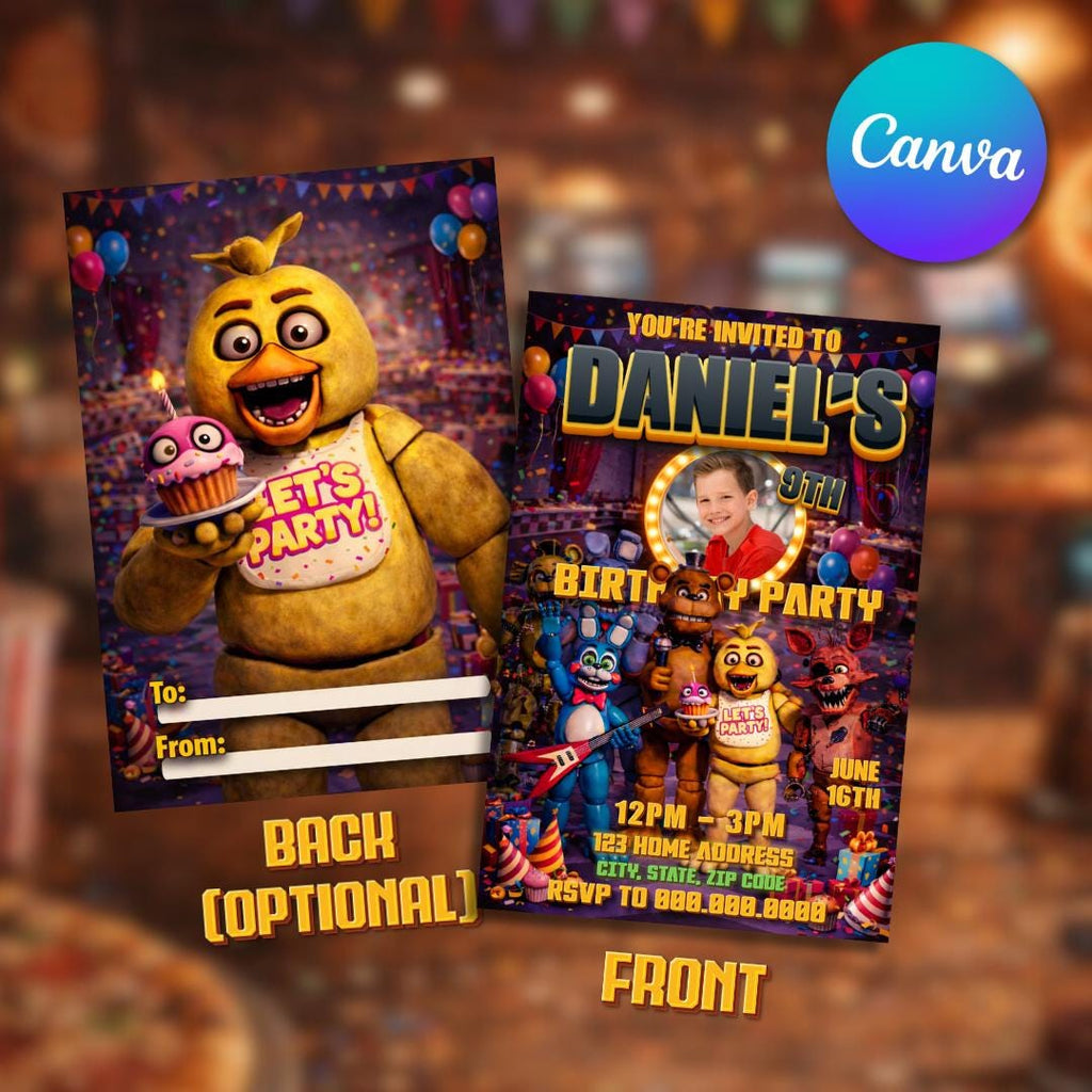 Five Nights at Freddy's Anamotronic Digital Birthday Invitation, Canva Editable Kids Party Invite
