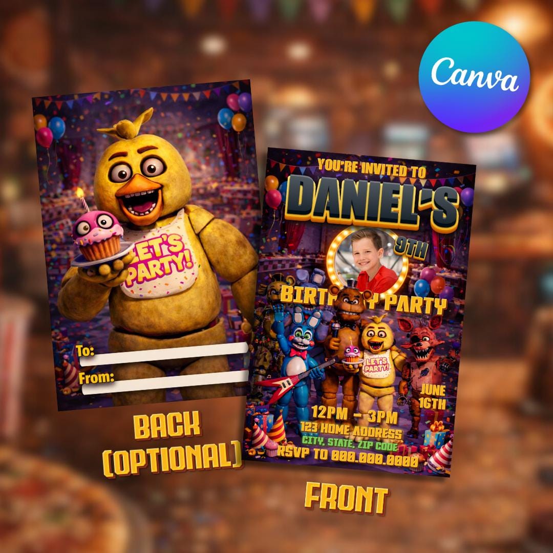 Five Nights at Freddy's Anamotronic Digital Birthday Invitation, Canva Editable Kids Party Invite