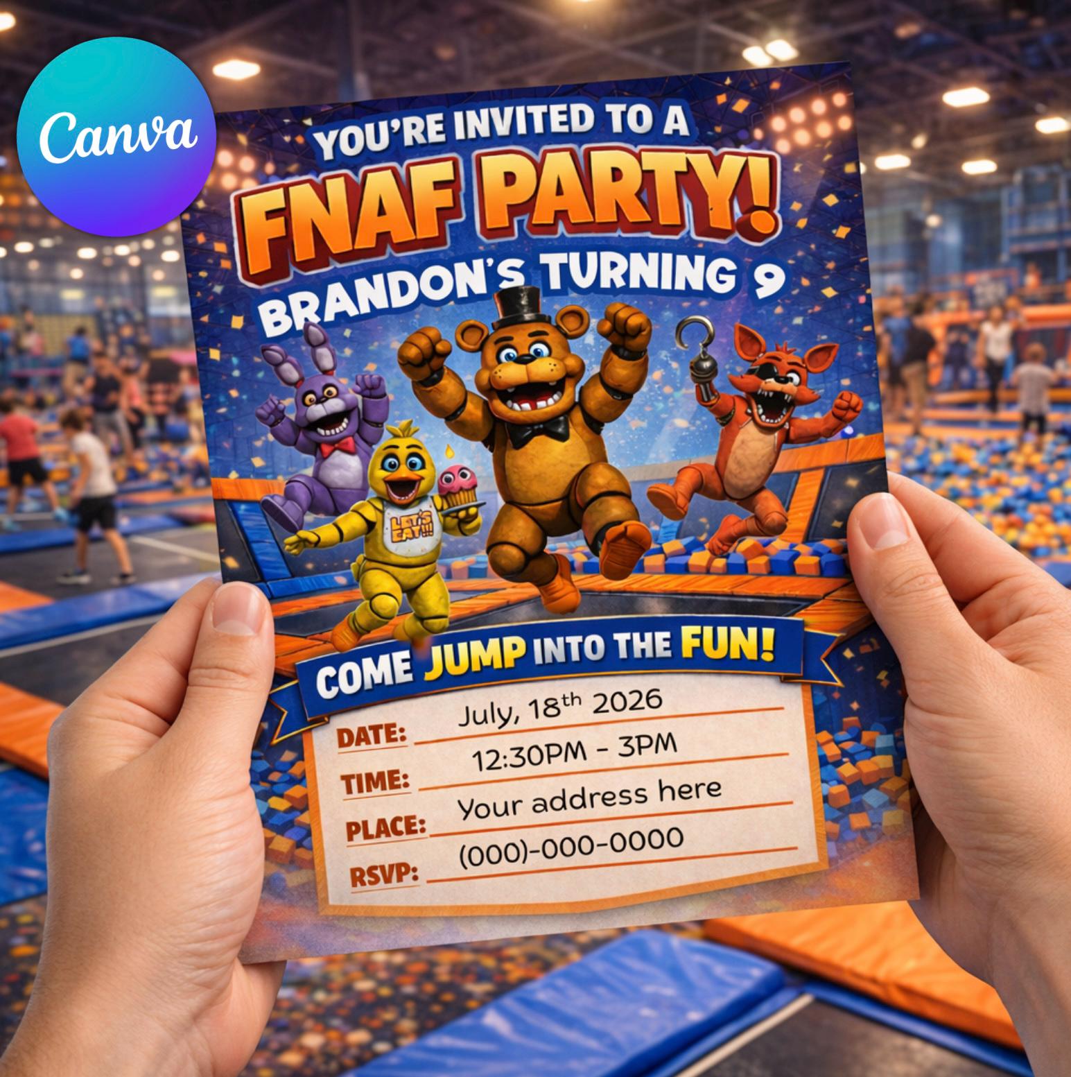 Five Nights at Freddy's Trampoline Birthday Invitation, Jump Party Invite (Digital Download)