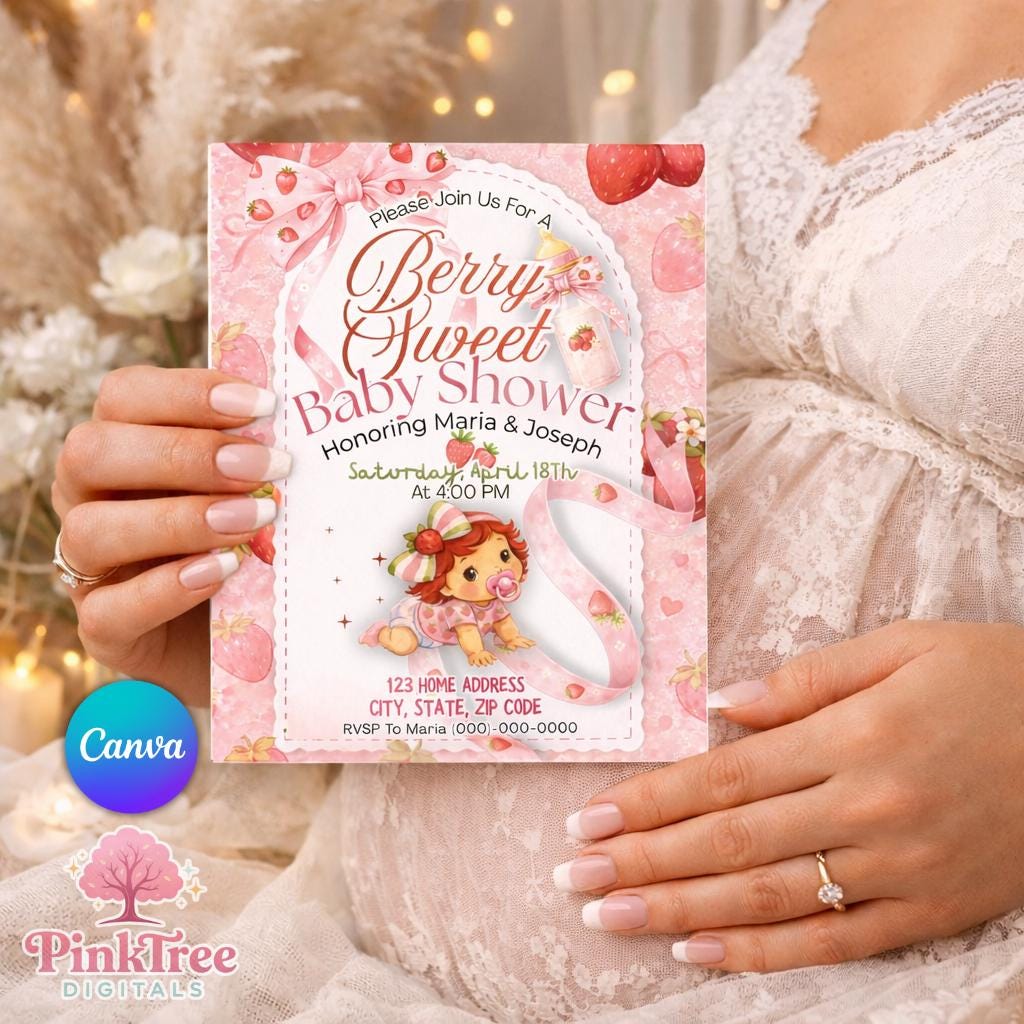 Berry Sweet Strawberry Baby Shower Invitation (Canva Editable)