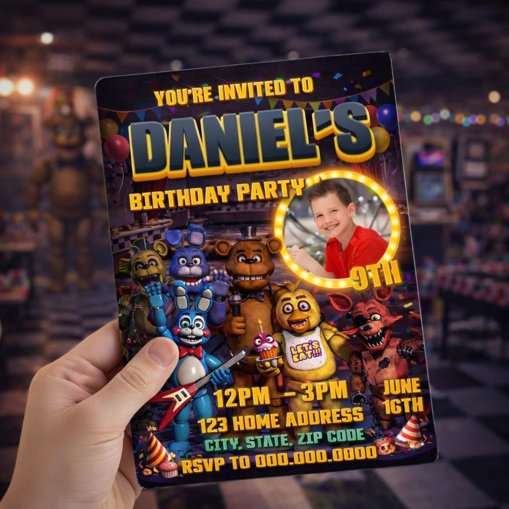 Five Nights at Freddy's Anamotronic Digital Birthday Invitation, Canva Editable Kids Party Invite
