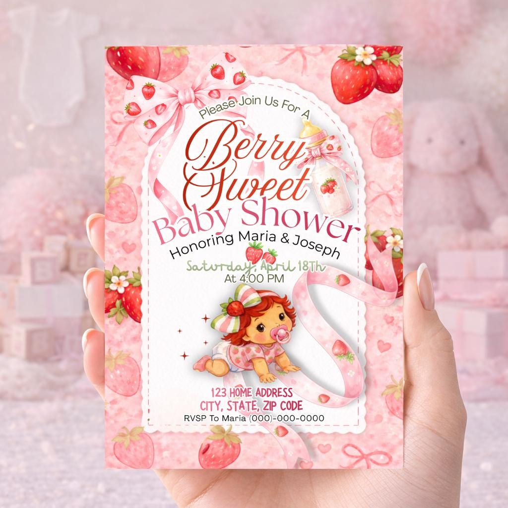 Berry Sweet Strawberry Baby Shower Invitation (Canva Editable)