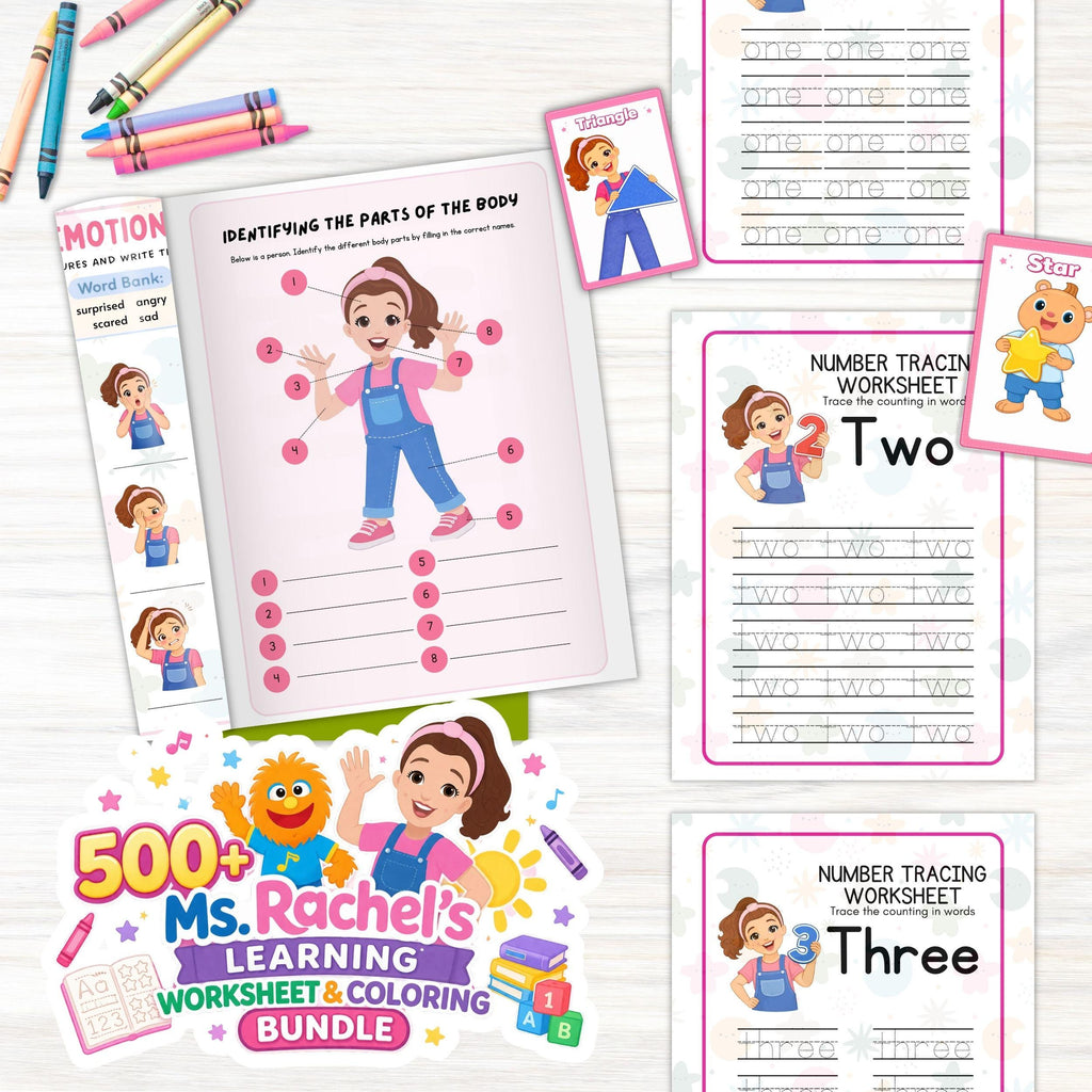 Ms. Rachel Learning Coloring Worksheet Bundle, Pre-K-Grade 2 Activity Pack (Digital Download)