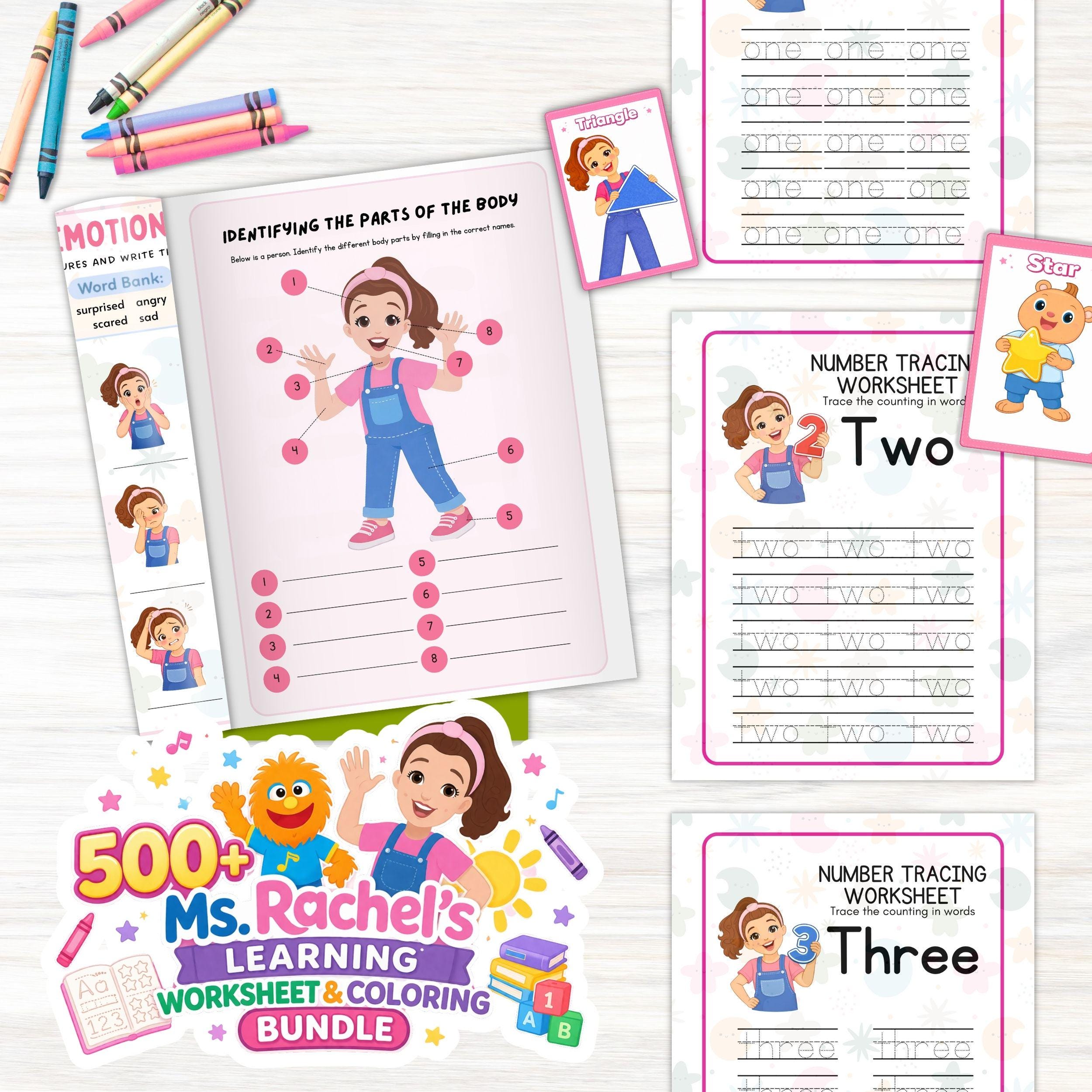 Ms. Rachel Learning Coloring Worksheet Bundle, Pre-K-Grade 2 Activity Pack (Digital Download)