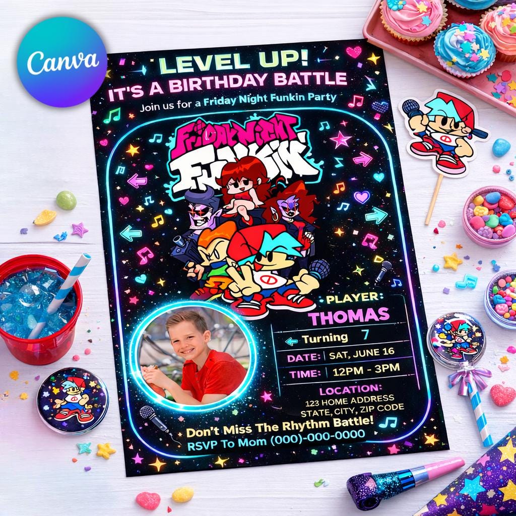 Friday Night Funkin Birthday Invitation, Gamer Level Up Party Invite (Digital Download)