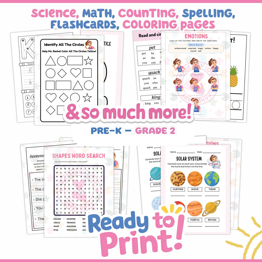 Ms. Rachel Learning Coloring Worksheet Bundle, Pre-K-Grade 2 Activity Pack (Digital Download)