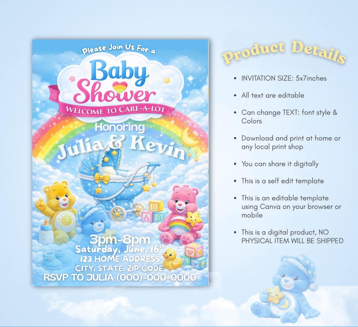 Care Bears Baby Shower Invitation, Editable Canva Template, Welcome to Care-A-Lot (Digital Download)
