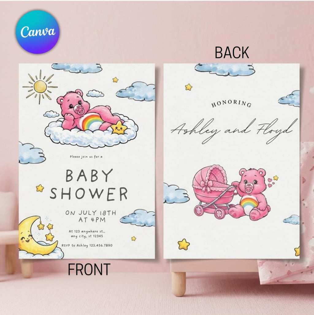 Care Bears Baby Shower Invitation, Pink Bear Rainbow Invite (Canva Download)