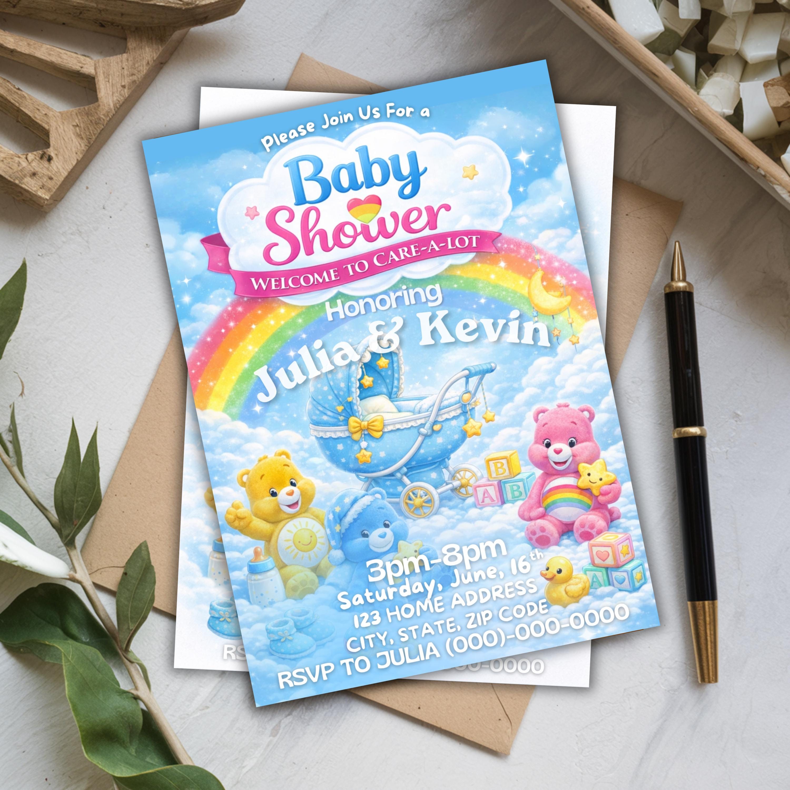 Care Bears Baby Shower Invitation, Editable Canva Template, Welcome to Care-A-Lot (Digital Download)