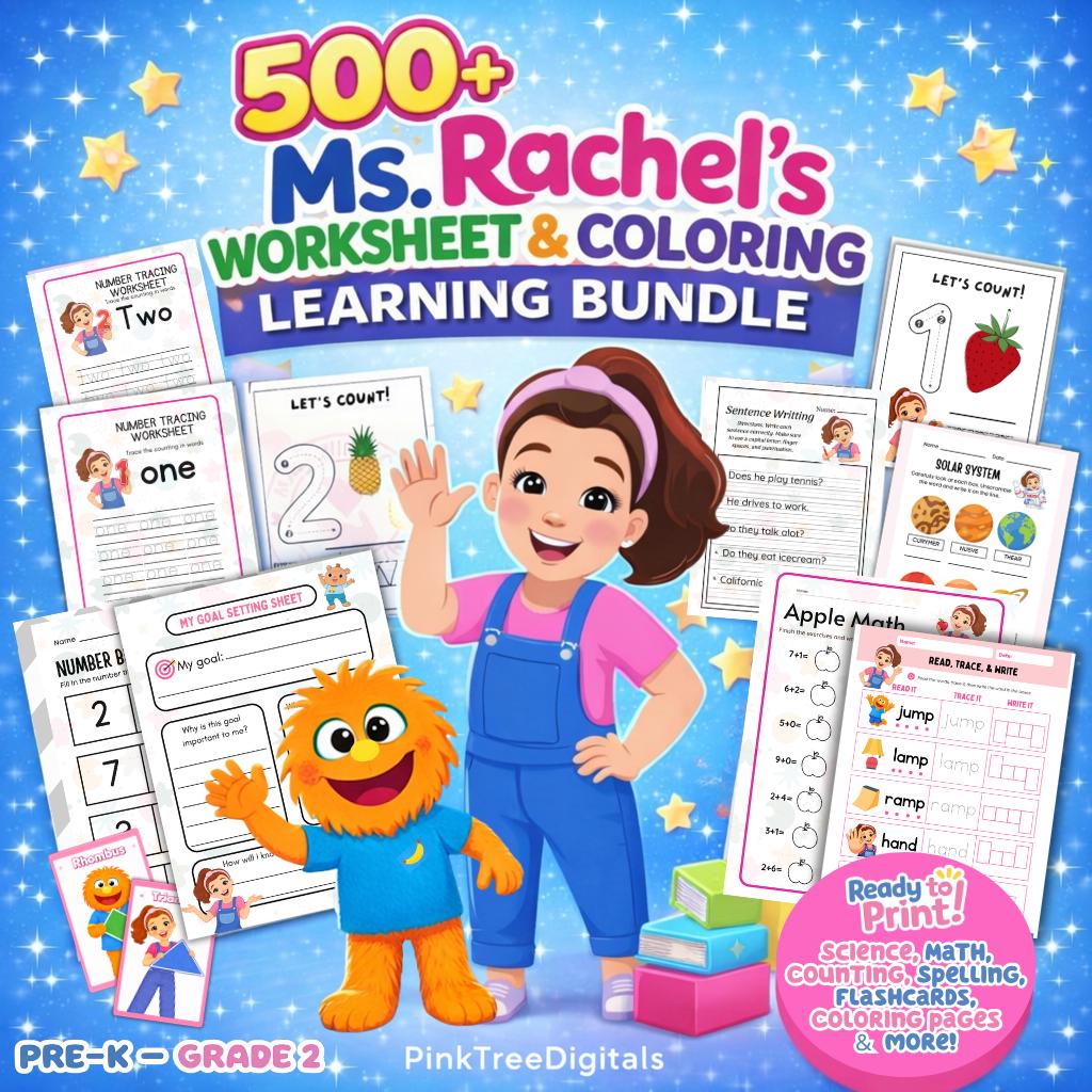 Ms. Rachel Learning Coloring Worksheet Bundle, Pre-K-Grade 2 Activity Pack (Digital Download)