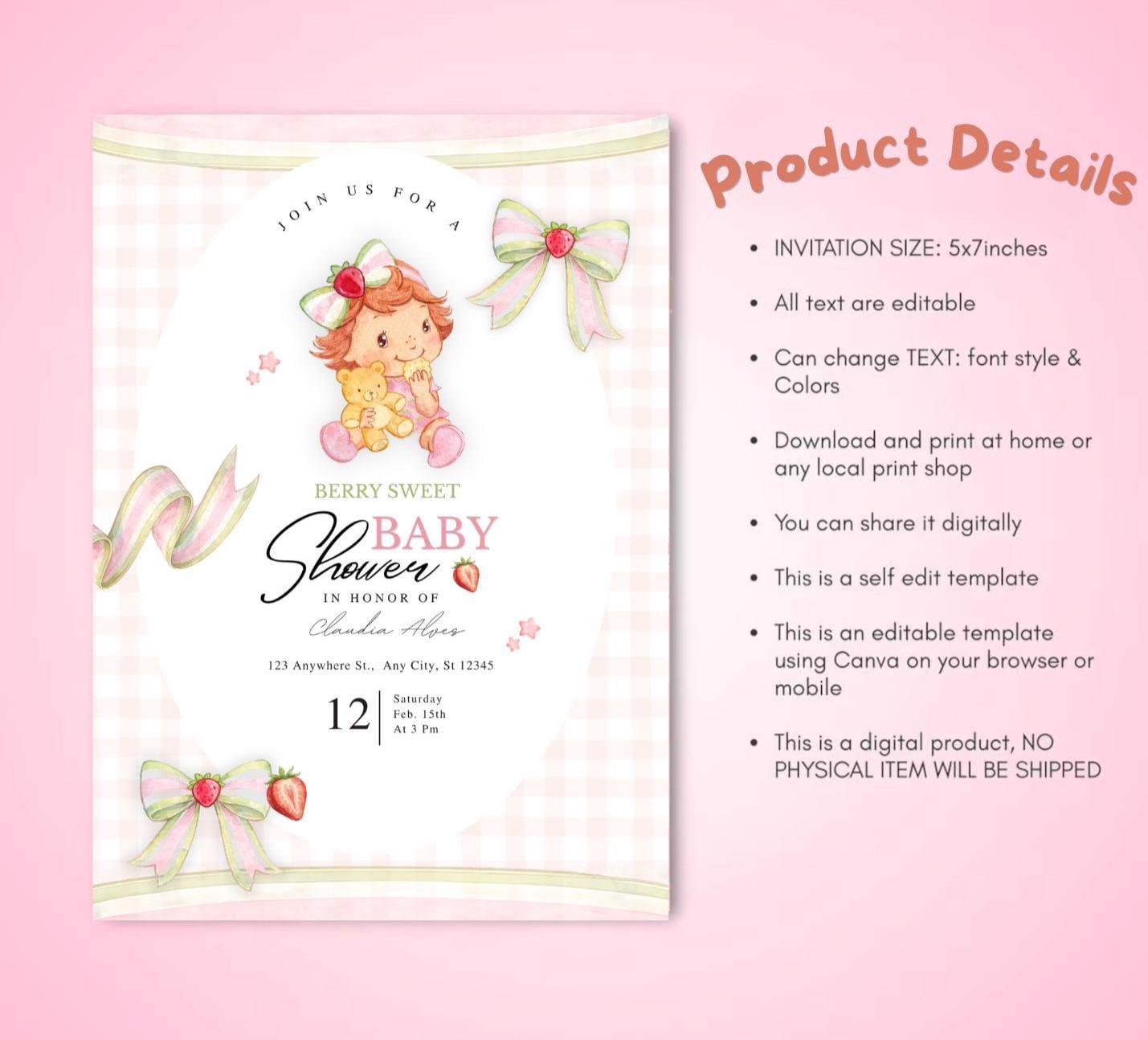 Berry Sweet Strawberry Shortcake Baby Shower Invitation (Canva Editable)