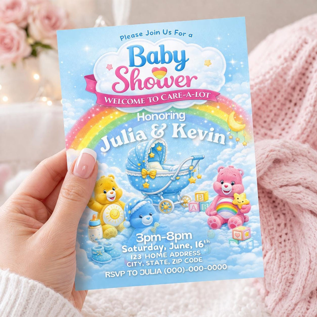 Care Bears Baby Shower Invitation, Editable Canva Template, Welcome to Care-A-Lot (Digital Download)