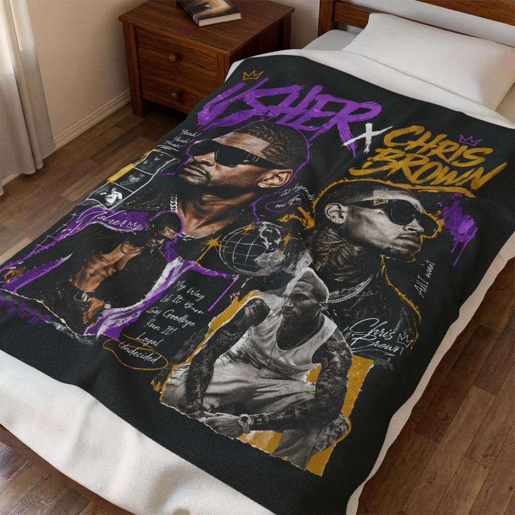Usher x Chris Brown Collage Velveteen Plush Blanket | R&B Artist Portraits, Purple Gold Graphics