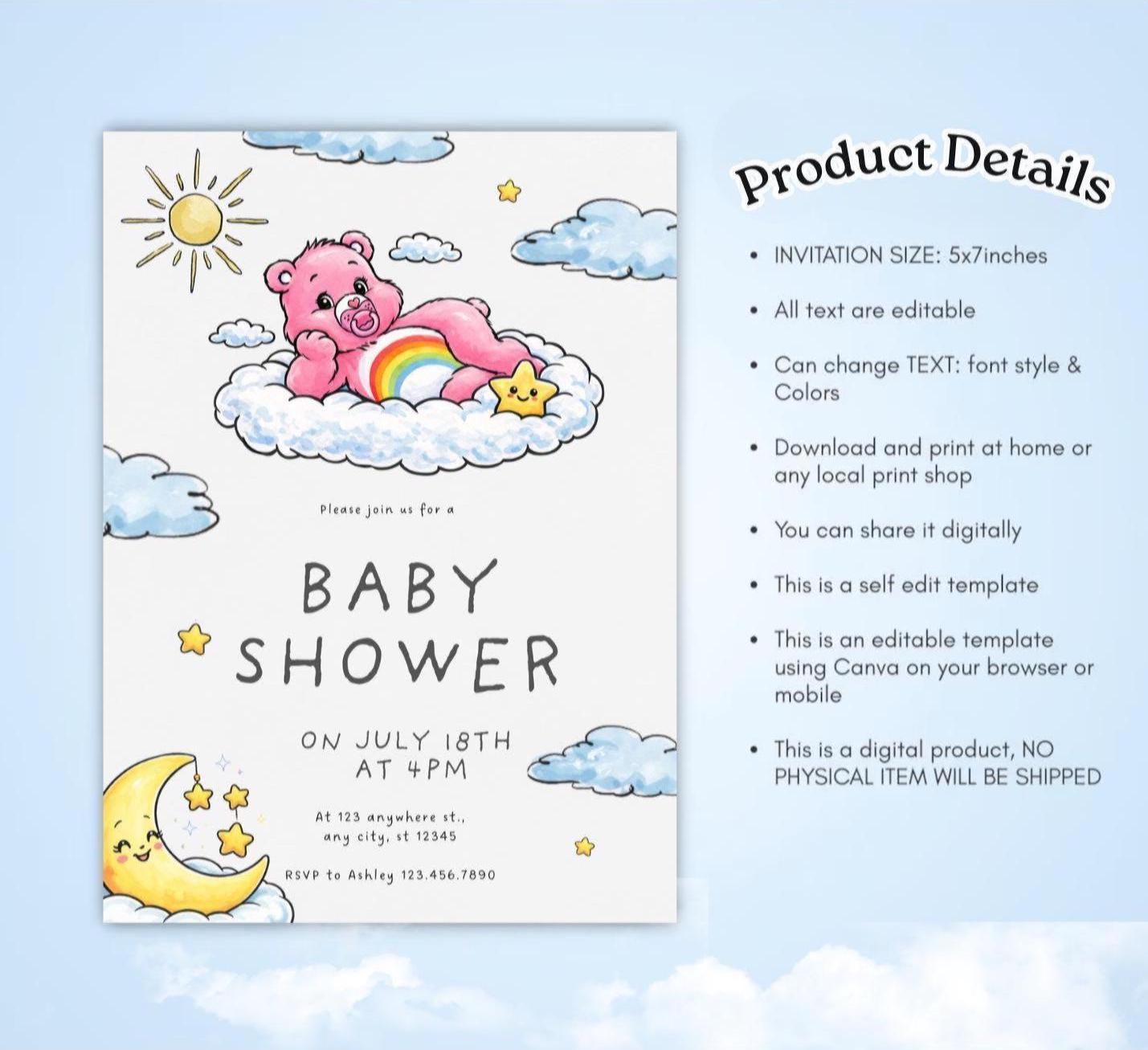 Care Bears Baby Shower Invitation, Pink Bear Rainbow Invite (Canva Download)