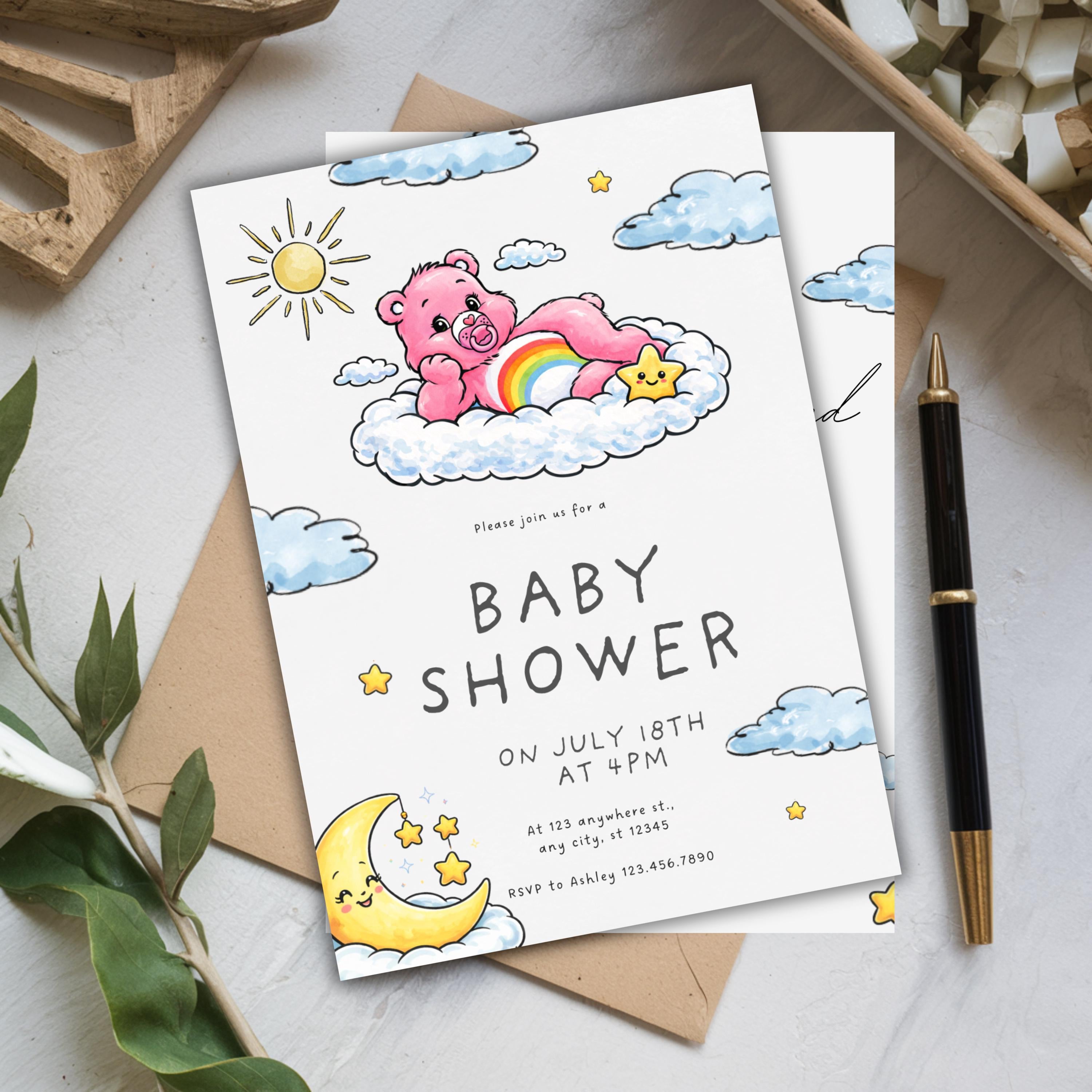 Care Bears Baby Shower Invitation, Pink Bear Rainbow Invite (Canva Download)