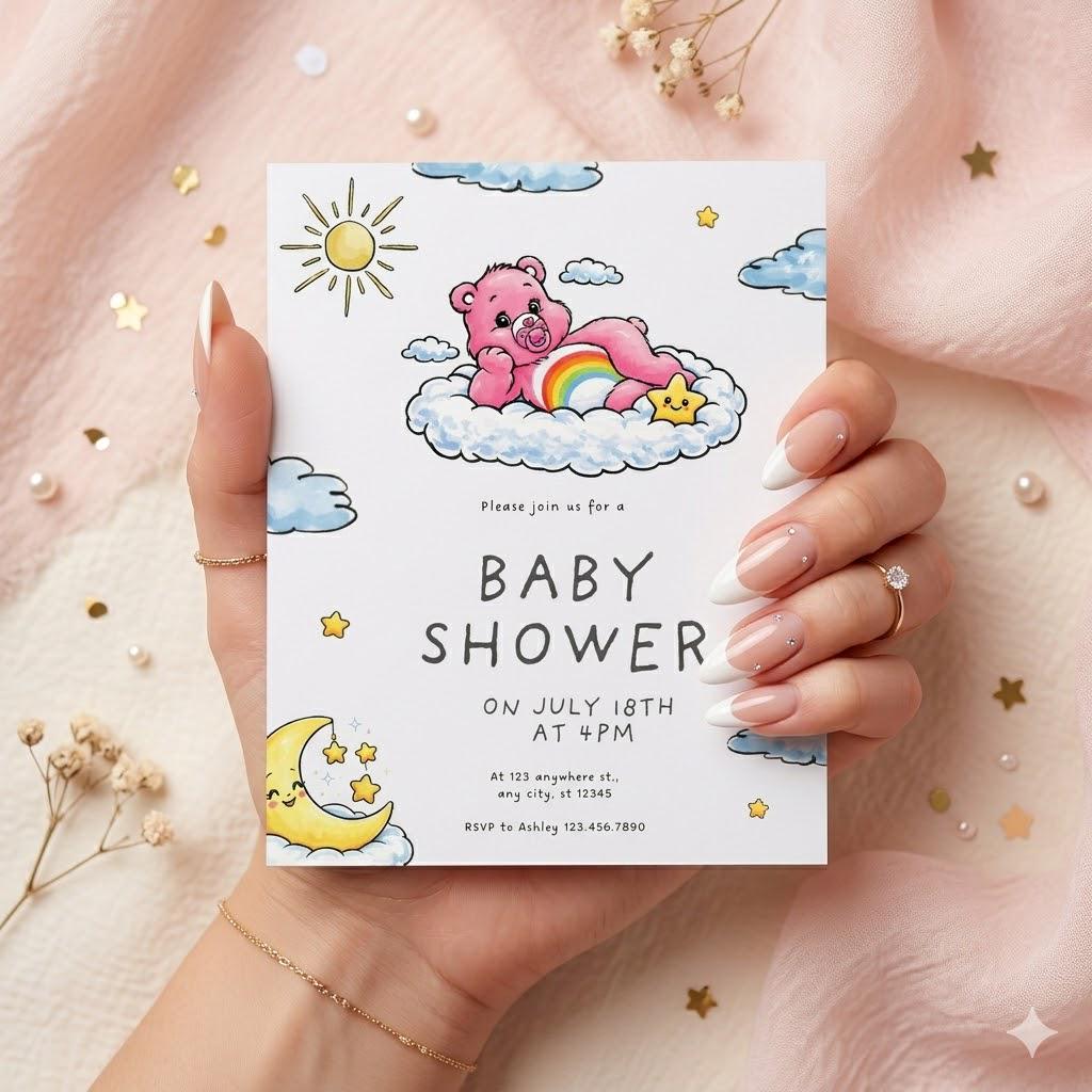 Care Bears Baby Shower Invitation, Pink Bear Rainbow Invite (Canva Download)
