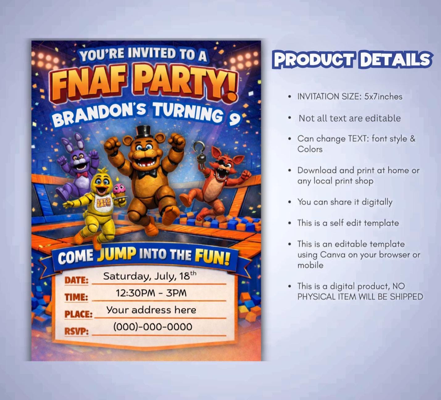 Five Nights at Freddy's Trampoline Birthday Invitation, Jump Party Invite (Digital Download)