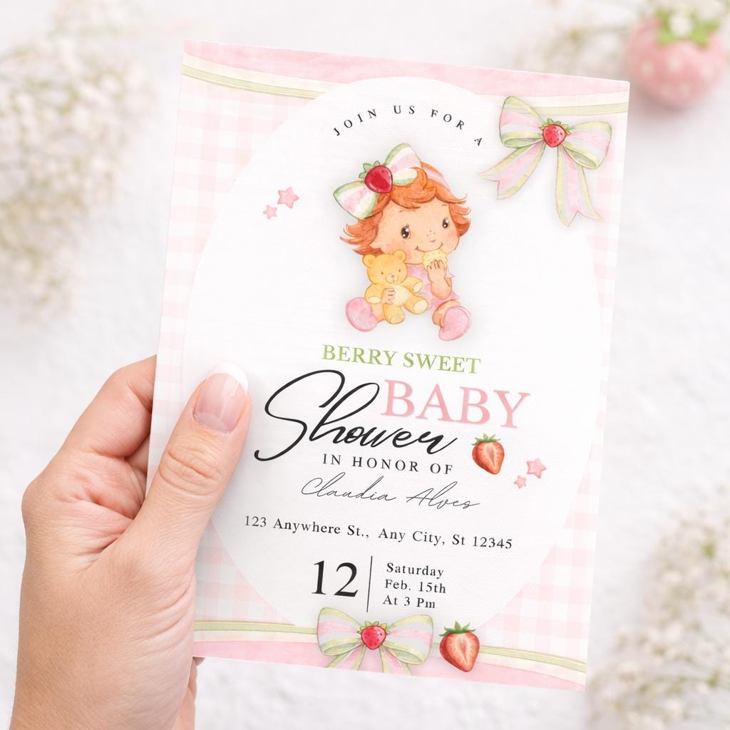 Berry Sweet Strawberry Shortcake Baby Shower Invitation (Canva Editable)
