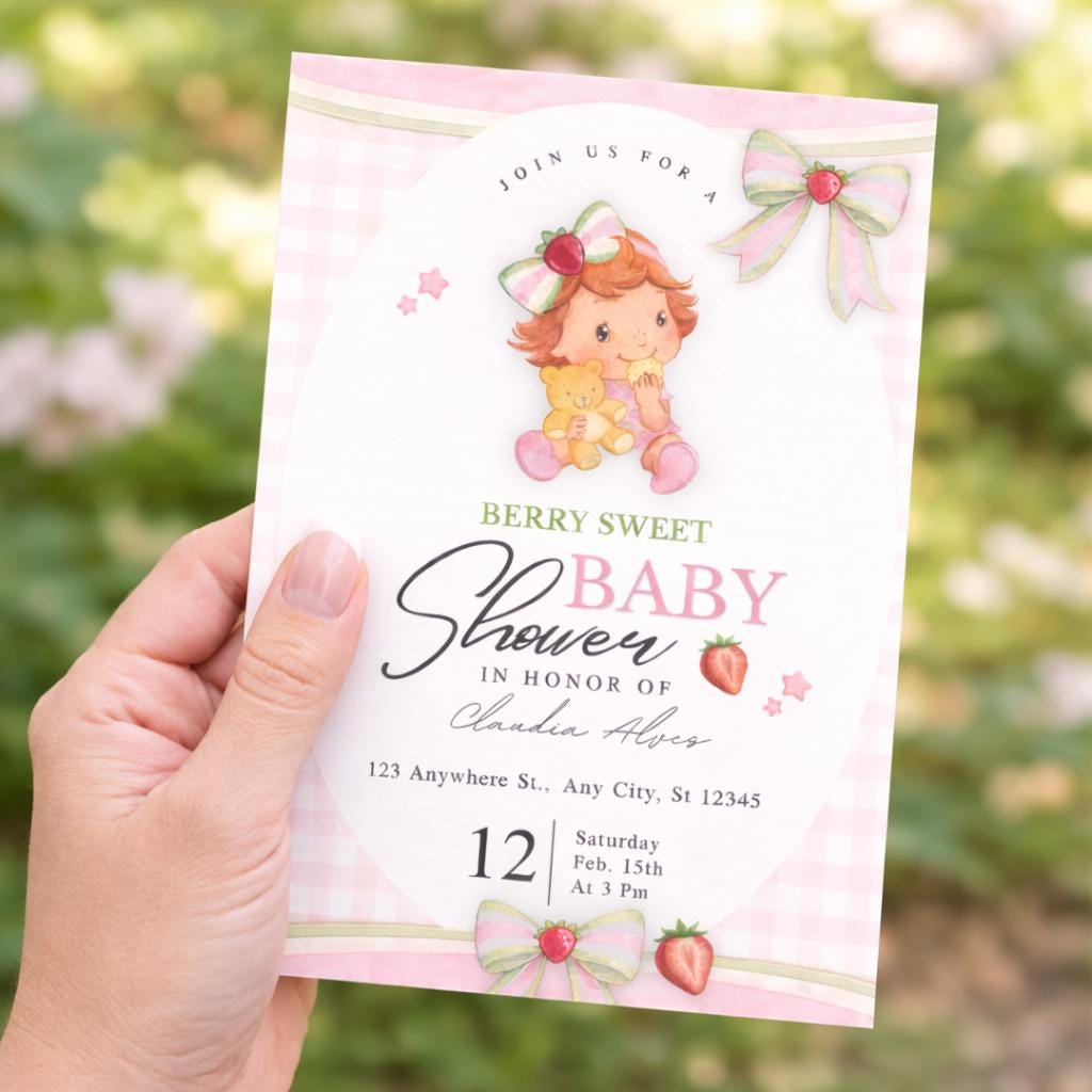 Berry Sweet Strawberry Shortcake Baby Shower Invitation (Canva Editable)