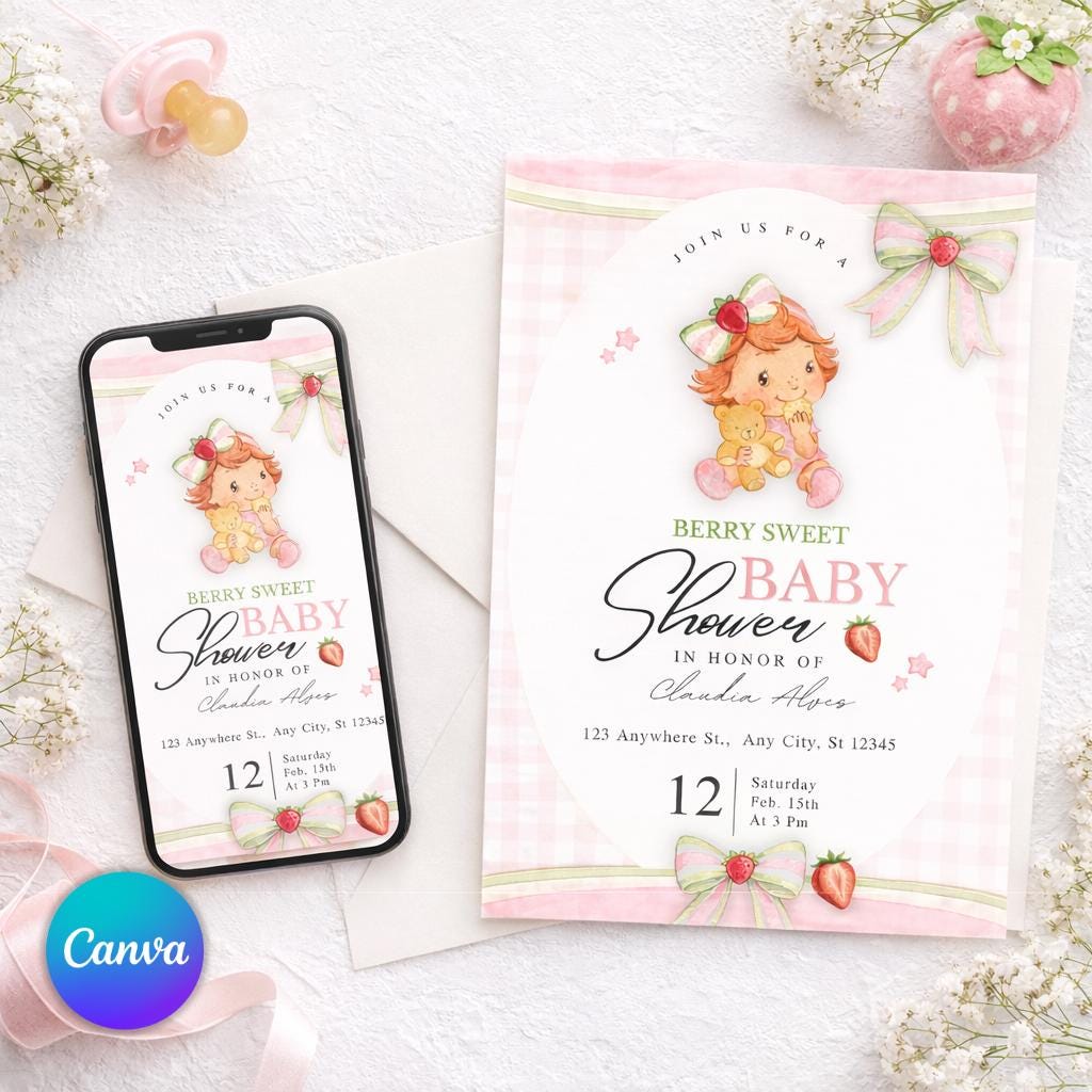 Berry Sweet Strawberry Shortcake Baby Shower Invitation (Canva Editable)