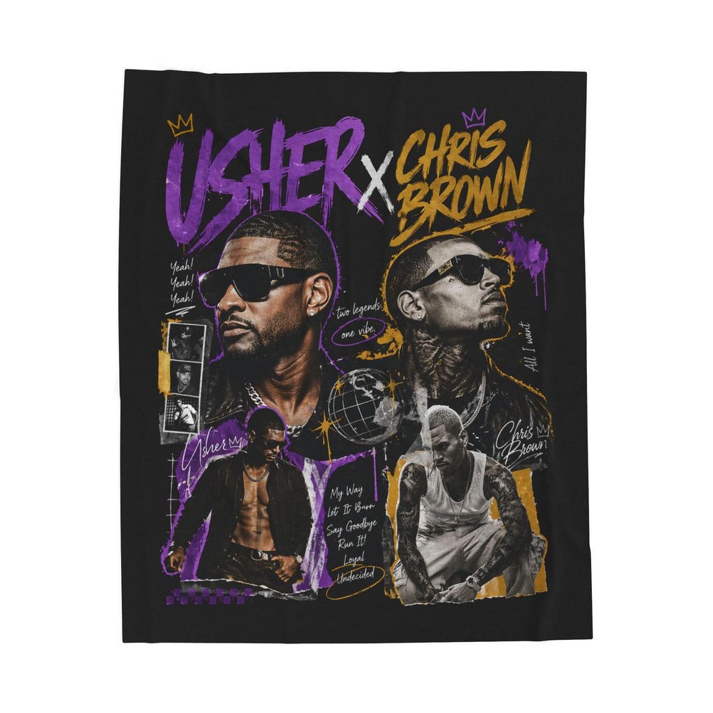Usher x Chris Brown Collage Velveteen Plush Blanket | R&B Artist Portraits, Purple Gold Graphics