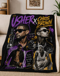 Usher x Chris Brown Collage Velveteen Plush Blanket | R&B Artist Portraits, Purple Gold Graphics