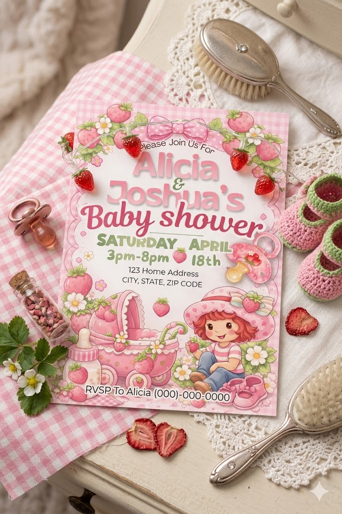 Strawberry Shortcake Baby Shower Invitation, Digital Invite, Canva Editable (Digital Download)